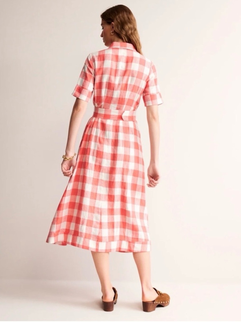 Boden Gingham Rose Red Louise 100% Linen Midi Shirt Dress Size 12R - Picture 2 of 8